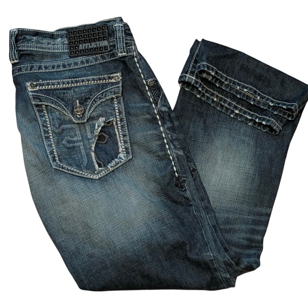 AFFLICTION Blake Black Premium Jeans Distressed Dark Wash Men's Size 38 Long